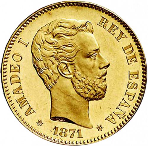 25 Pesetas Obverse Image minted in SPAIN in 1871 / 71 (1871-73  -  AMADEO I)  - The Coin Database