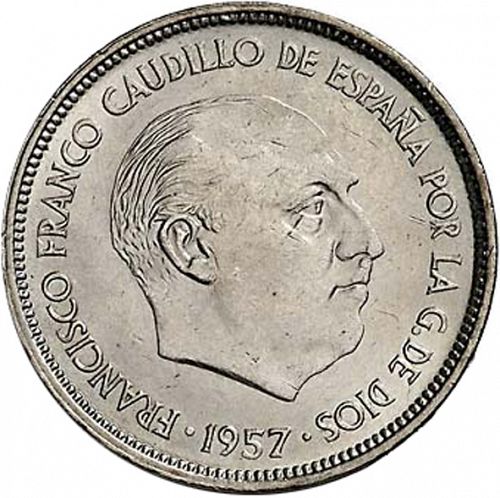 25 Pesetas Obverse Image minted in SPAIN in 1957 / 58 (1936-75  -  NATIONALIST GOVERMENT)  - The Coin Database