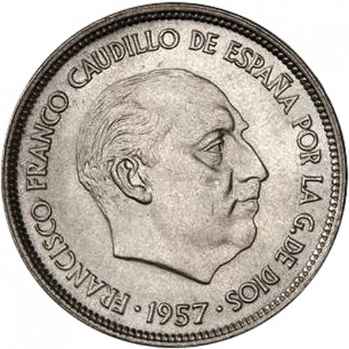 25 Pesetas Obverse Image minted in SPAIN in 1957 / 59 (1936-75  -  NATIONALIST GOVERMENT)  - The Coin Database