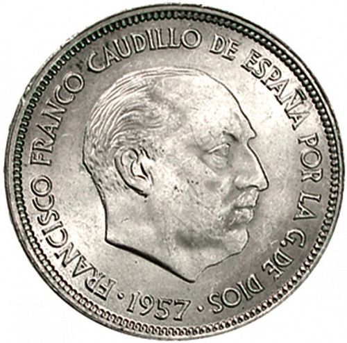 25 Pesetas Obverse Image minted in SPAIN in 1957 / 64 (1936-75  -  NATIONALIST GOVERMENT)  - The Coin Database