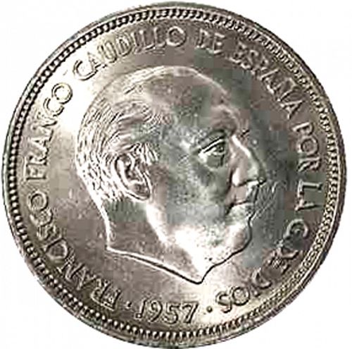 25 Pesetas Obverse Image minted in SPAIN in 1957 / 66 (1936-75  -  NATIONALIST GOVERMENT)  - The Coin Database
