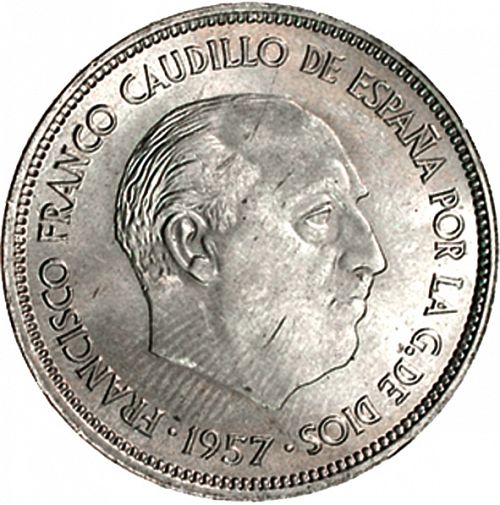 25 Pesetas Obverse Image minted in SPAIN in 1957 / 67 (1936-75  -  NATIONALIST GOVERMENT)  - The Coin Database