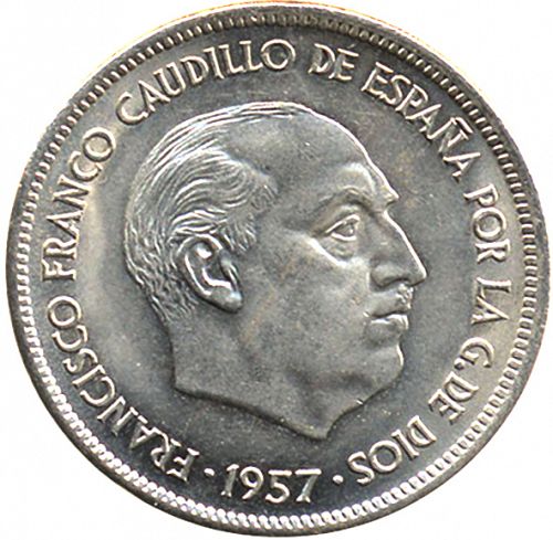 25 Pesetas Obverse Image minted in SPAIN in 1957 / 70 (1936-75  -  NATIONALIST GOVERMENT)  - The Coin Database