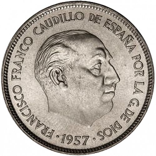 25 Pesetas Obverse Image minted in SPAIN in 1957 / 71 (1936-75  -  NATIONALIST GOVERMENT)  - The Coin Database