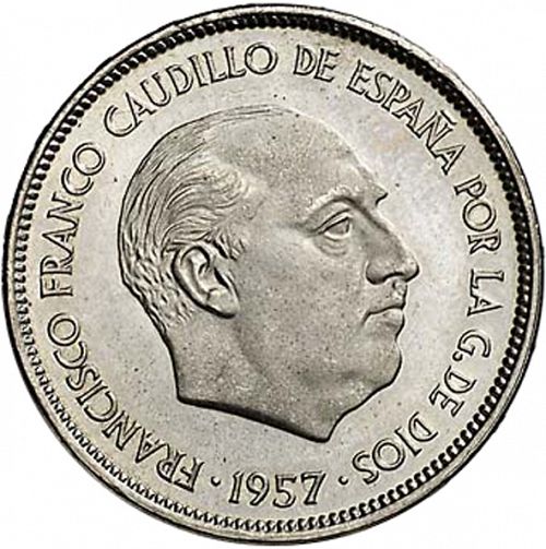 25 Pesetas Obverse Image minted in SPAIN in 1957 / 73 (1936-75  -  NATIONALIST GOVERMENT)  - The Coin Database