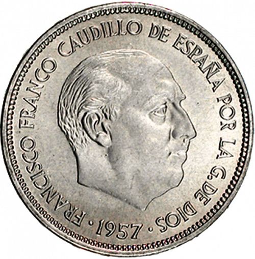 25 Pesetas Obverse Image minted in SPAIN in 1957 / 74 (1936-75  -  NATIONALIST GOVERMENT)  - The Coin Database