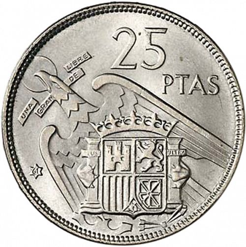 25 Pesetas Reverse Image minted in SPAIN in 1957 / 61 (1936-75  -  NATIONALIST GOVERMENT)  - The Coin Database