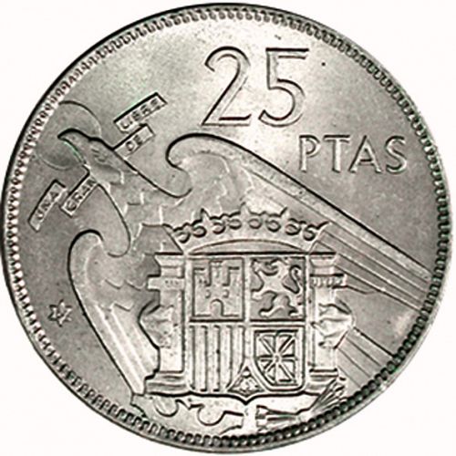 25 Pesetas Reverse Image minted in SPAIN in 1957 / 64 (1936-75  -  NATIONALIST GOVERMENT)  - The Coin Database