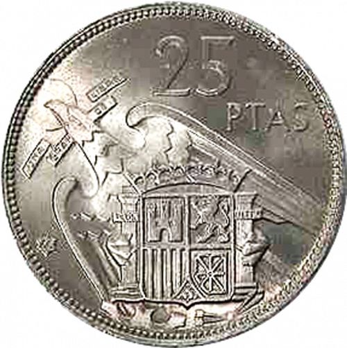 25 Pesetas Reverse Image minted in SPAIN in 1957 / 66 (1936-75  -  NATIONALIST GOVERMENT)  - The Coin Database