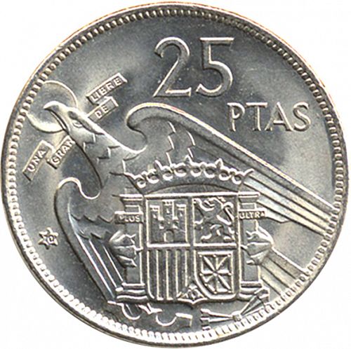 25 Pesetas Reverse Image minted in SPAIN in 1957 / 70 (1936-75  -  NATIONALIST GOVERMENT)  - The Coin Database