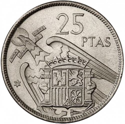 25 Pesetas Reverse Image minted in SPAIN in 1957 / 71 (1936-75  -  NATIONALIST GOVERMENT)  - The Coin Database