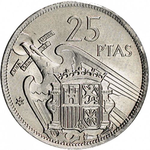 25 Pesetas Reverse Image minted in SPAIN in 1957 / 72 (1936-75  -  NATIONALIST GOVERMENT)  - The Coin Database
