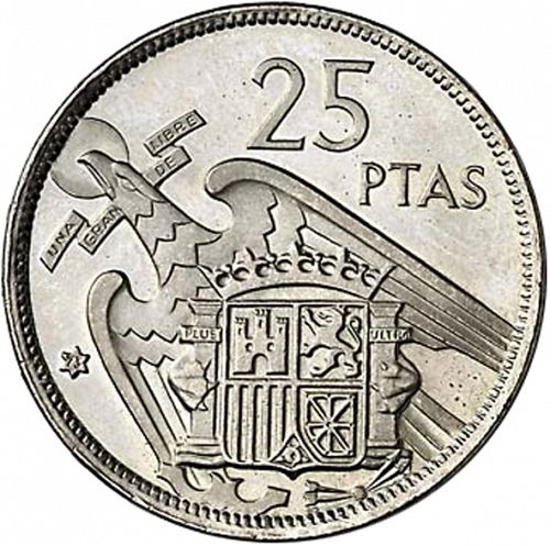 25 Pesetas Reverse Image minted in SPAIN in 1957 / 73 (1936-75  -  NATIONALIST GOVERMENT)  - The Coin Database