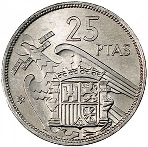 25 Pesetas Reverse Image minted in SPAIN in 1957 / 74 (1936-75  -  NATIONALIST GOVERMENT)  - The Coin Database