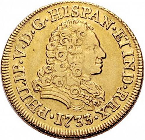2 Escudos Obverse Image minted in SPAIN in 1733JF (1700-46  -  FELIPE V)  - The Coin Database