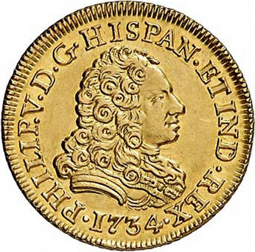 2 Escudos Obverse Image minted in SPAIN in 1734JF (1700-46  -  FELIPE V)  - The Coin Database