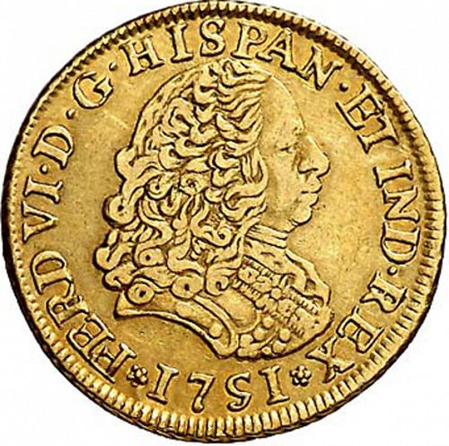 2 Escudos Obverse Image minted in SPAIN in 1751J (1746-59  -  FERNANDO VI)  - The Coin Database