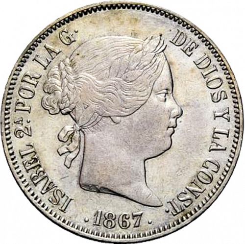 2 Escudos Obverse Image minted in SPAIN in 1867 (1865-68  -  ISABEL II - 2nd Decimal Coinage)  - The Coin Database