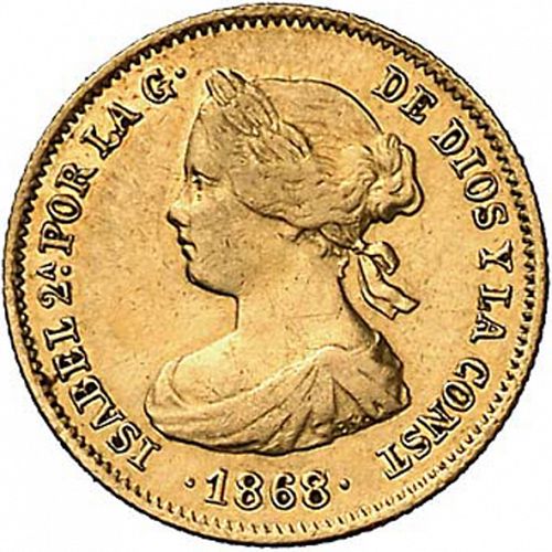 2 Escudos Obverse Image minted in SPAIN in 1868 / 68 (1865-68  -  ISABEL II - 2nd Decimal Coinage)  - The Coin Database