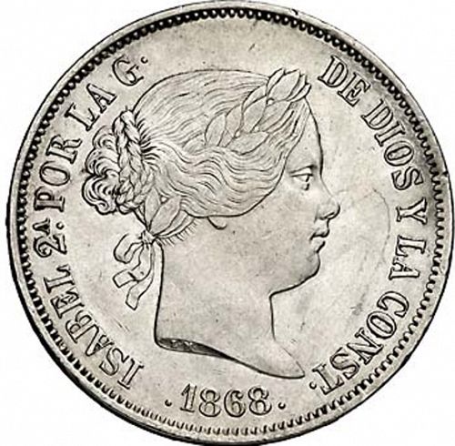 2 Escudos Obverse Image minted in SPAIN in 1868 / 68 (1865-68  -  ISABEL II - 2nd Decimal Coinage)  - The Coin Database