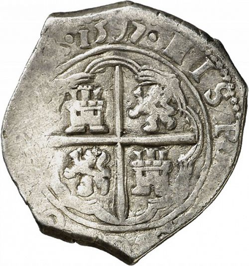 2 Reales Reverse Image minted in SPAIN in 1597B (1556-98  -  FELIPE II)  - The Coin Database