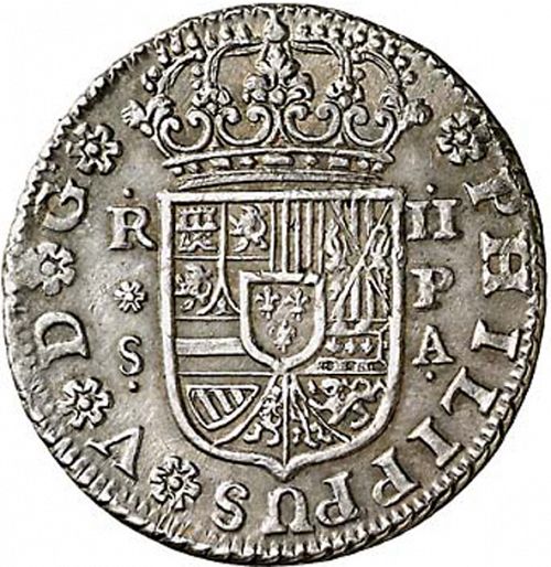 2 Reales Obverse Image minted in SPAIN in 1731PA (1700-46  -  FELIPE V)  - The Coin Database