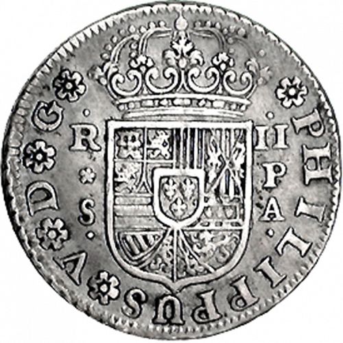 2 Reales Obverse Image minted in SPAIN in 1733PA (1700-46  -  FELIPE V)  - The Coin Database