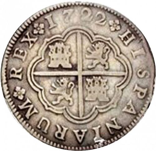 2 Reales Reverse Image minted in SPAIN in 1722F (1700-46  -  FELIPE V)  - The Coin Database