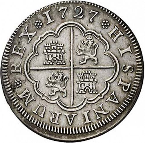 2 Reales Reverse Image minted in SPAIN in 1727F (1700-46  -  FELIPE V)  - The Coin Database