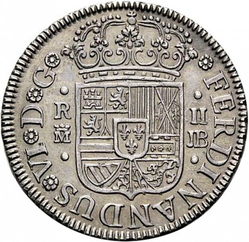2 Reales Obverse Image minted in SPAIN in 1754JB (1746-59  -  FERNANDO VI)  - The Coin Database