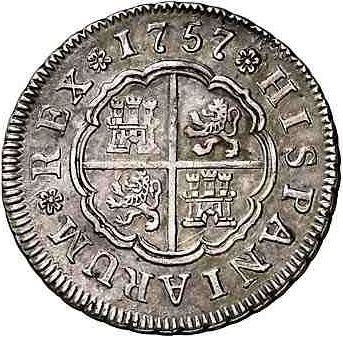2 Reales Reverse Image minted in SPAIN in 1757JB (1746-59  -  FERNANDO VI)  - The Coin Database