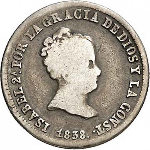 2 Reales Obverse Image minted in SPAIN in 1838CL (1833-48  -  ISABEL II)  - The Coin Database