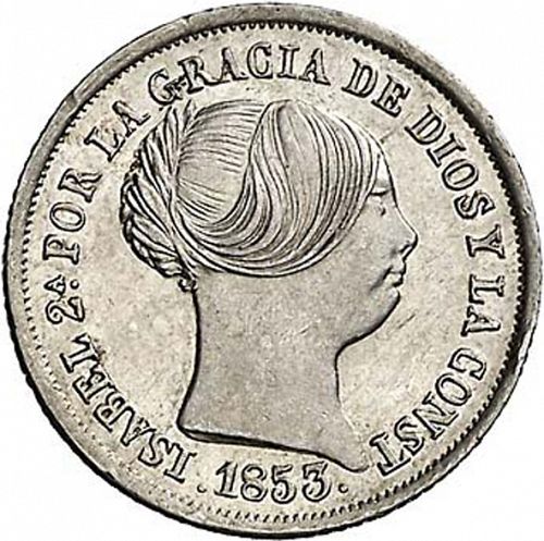 2 Reales Obverse Image minted in SPAIN in 1853 (1849-64  -  ISABEL II - Decimal Coinage)  - The Coin Database