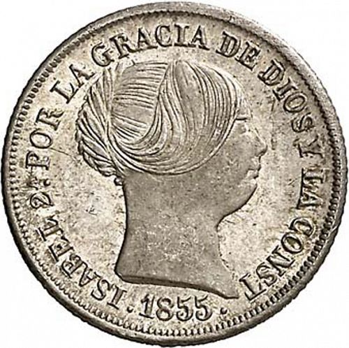 2 Reales Obverse Image minted in SPAIN in 1855 (1849-64  -  ISABEL II - Decimal Coinage)  - The Coin Database