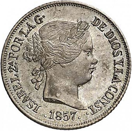 2 Reales Obverse Image minted in SPAIN in 1857 (1849-64  -  ISABEL II - Decimal Coinage)  - The Coin Database