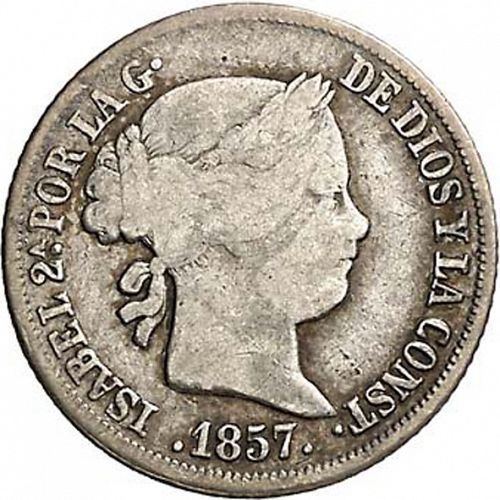 2 Reales Obverse Image minted in SPAIN in 1857 (1849-64  -  ISABEL II - Decimal Coinage)  - The Coin Database
