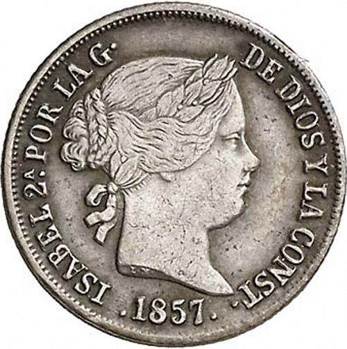 2 Reales Obverse Image minted in SPAIN in 1857 (1849-64  -  ISABEL II - Decimal Coinage)  - The Coin Database