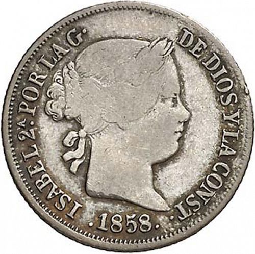 2 Reales Obverse Image minted in SPAIN in 1858 (1849-64  -  ISABEL II - Decimal Coinage)  - The Coin Database