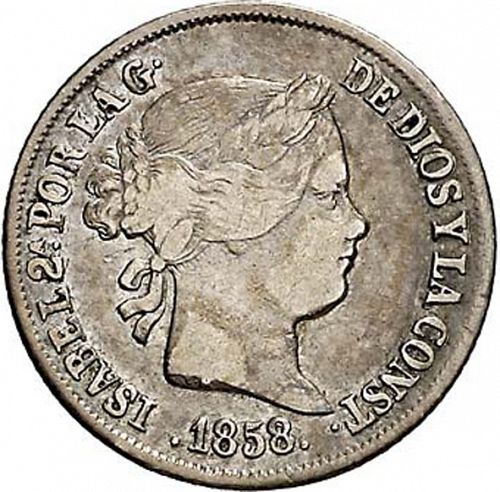 2 Reales Obverse Image minted in SPAIN in 1858 (1849-64  -  ISABEL II - Decimal Coinage)  - The Coin Database