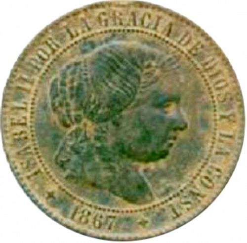 2 ½ Céntimos Escudo Obverse Image minted in SPAIN in 1867OM (1865-68  -  ISABEL II - 2nd Decimal Coinage)  - The Coin Database