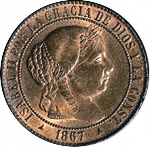 2 ½ Céntimos Escudo Obverse Image minted in SPAIN in 1867OM (1865-68  -  ISABEL II - 2nd Decimal Coinage)  - The Coin Database