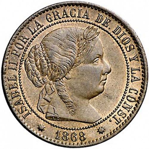 2 ½ Céntimos Escudo Obverse Image minted in SPAIN in 1868OM (1865-68  -  ISABEL II - 2nd Decimal Coinage)  - The Coin Database