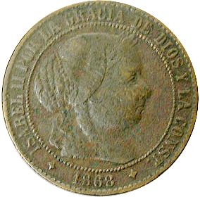 2 ½ Céntimos Escudo Obverse Image minted in SPAIN in 1868OM (1865-68  -  ISABEL II - 2nd Decimal Coinage)  - The Coin Database