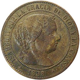 2 ½ Céntimos Escudo Obverse Image minted in SPAIN in 1868OM (1865-68  -  ISABEL II - 2nd Decimal Coinage)  - The Coin Database