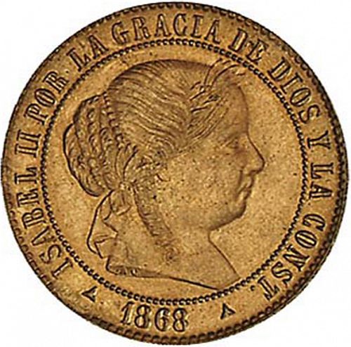 2 ½ Céntimos Escudo Obverse Image minted in SPAIN in 1868OM (1865-68  -  ISABEL II - 2nd Decimal Coinage)  - The Coin Database