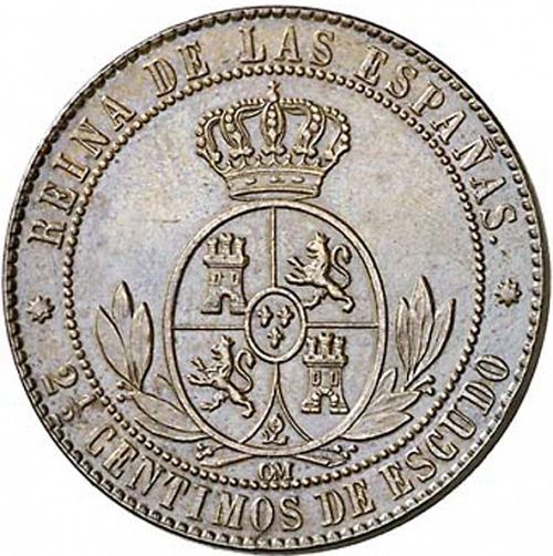 2 ½ Céntimos Escudo Reverse Image minted in SPAIN in 1867OM (1865-68  -  ISABEL II - 2nd Decimal Coinage)  - The Coin Database