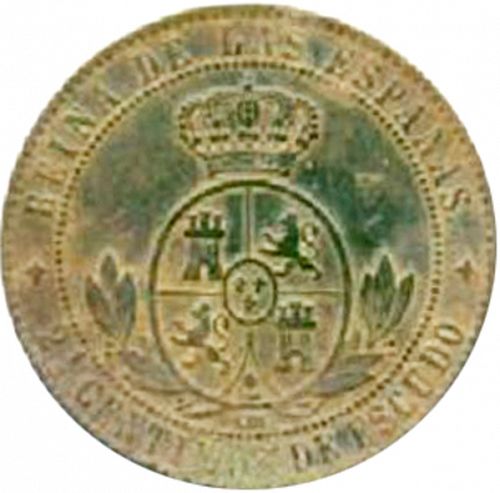 2 ½ Céntimos Escudo Reverse Image minted in SPAIN in 1867OM (1865-68  -  ISABEL II - 2nd Decimal Coinage)  - The Coin Database