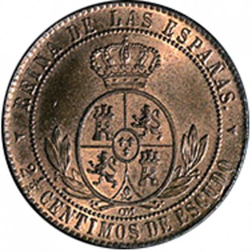 2 ½ Céntimos Escudo Reverse Image minted in SPAIN in 1867OM (1865-68  -  ISABEL II - 2nd Decimal Coinage)  - The Coin Database