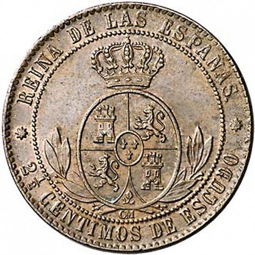 2 ½ Céntimos Escudo Reverse Image minted in SPAIN in 1868OM (1865-68  -  ISABEL II - 2nd Decimal Coinage)  - The Coin Database
