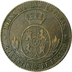 2 ½ Céntimos Escudo Reverse Image minted in SPAIN in 1868OM (1865-68  -  ISABEL II - 2nd Decimal Coinage)  - The Coin Database